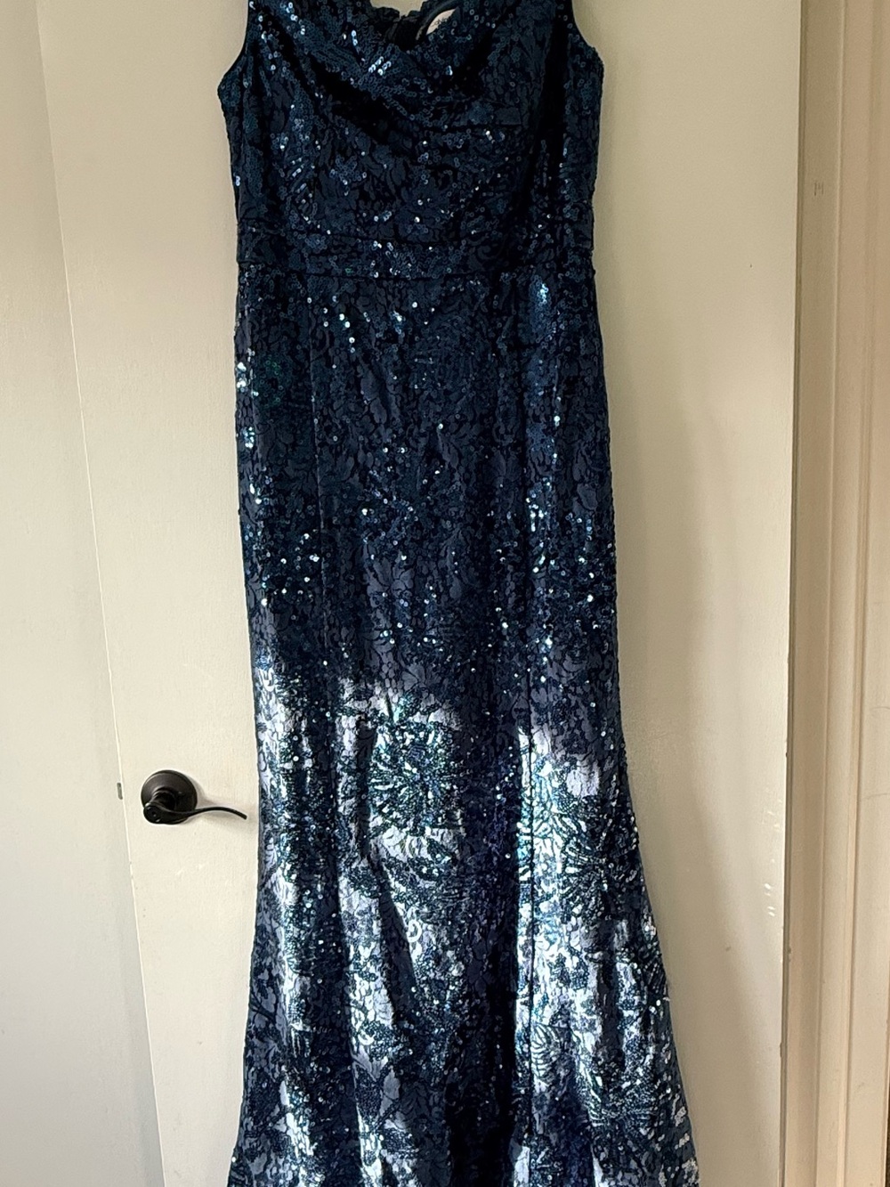 Calvin Klein Navy Sequin Lace Prom Gown